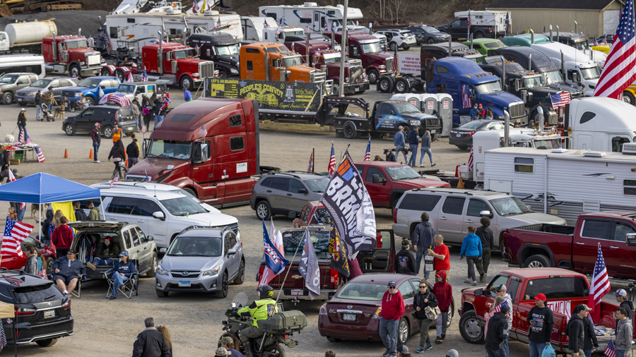 HAGERSTOWN, MARYLAND - MARCH 5: Supporters cheer as they greet the Peoples Convoy of Truckers, as i...