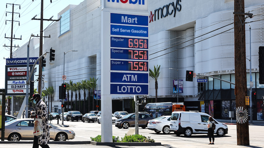High gas prices are displayed at a Mobil station across the street from the Beverly Center on March...