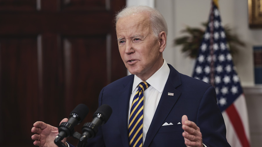 President Joe Biden speaks in the Roosevelt Room of the White House March 8, 2022 in Washington, DC...