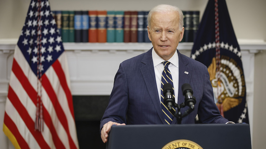 President Joe Biden announces new economic actions against Russia in the Roosevelt Room at the Whit...