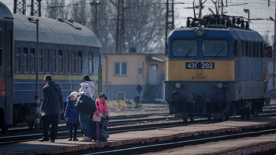 Refugees fleeing Ukraine arrive into Hungary at Zahony train station on March 14, 2022 in Zahony, H...