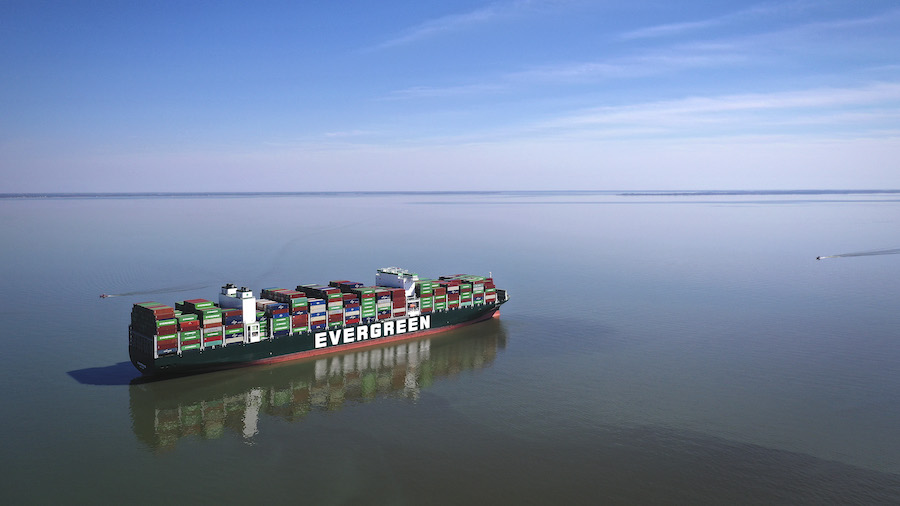 In an aerial view, the Ever Forward container ship is shown in the Chesapeake Bay after it ran agro...