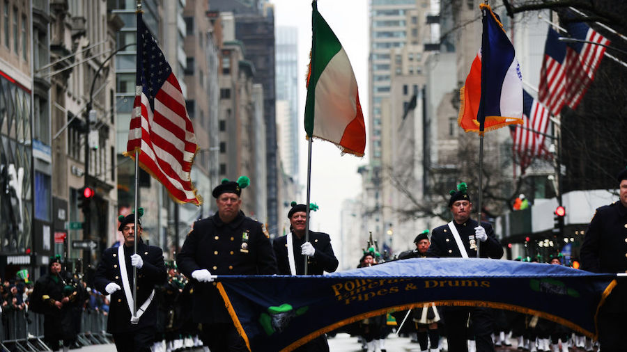 Marching bands participate in the St. Patrick's Day Parade down 5th Ave. on March 17, 2022 in New Y...