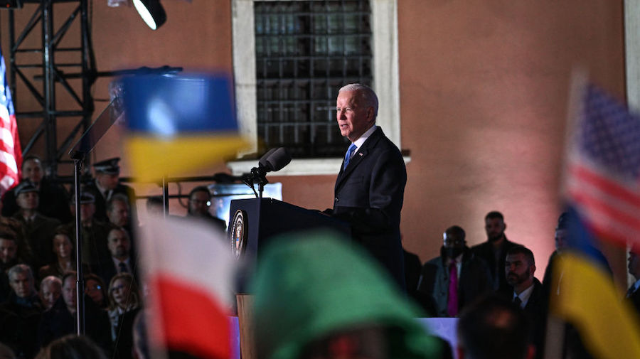 The US President, Joe Biden delivers a speech at the Royal Castle on March 26, 2022 in Warsaw, Pola...
