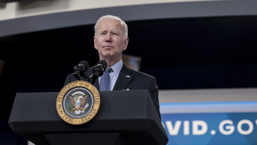 President Joe Biden delivers remarks on COVID-19 in the United States in the South Court Auditorium...