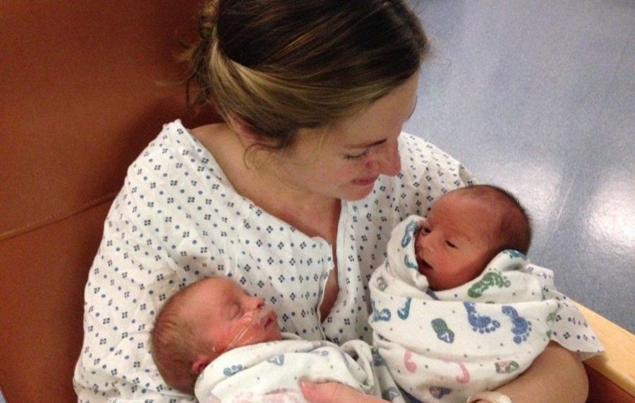 Karen Hayes holds her newborn twin babies after giving birth six years ago. Photo Courtesy of Karen...