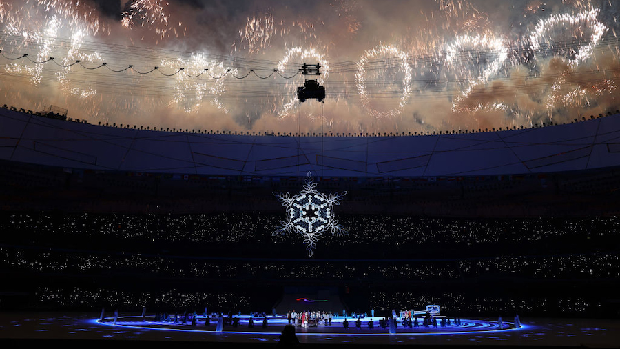 A general view inside the stadium of the fireworks spelling '2022', marking an end to the Paralympi...