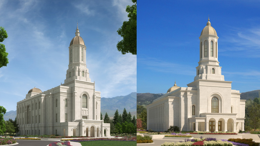 Artists' renderings of the Smithfield Utah Temple (left) and Ephraim Utah Temple (right). (The Chur...