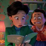 13-year old Mei Lee (voiced by Rosalie Chiang) reacts as her mother, Ming (voiced by Sandra Oh), reads from her journal. © 2022 Disney/Pixar. All Rights Reserved.