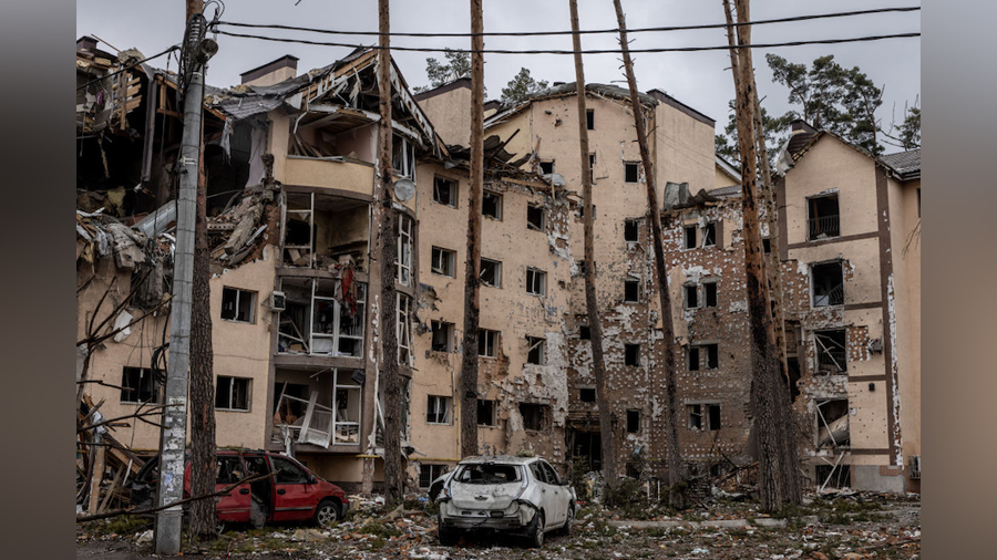 Destroyed buildings are seen on March 03, 2022 in Irpin, Ukraine. Russia continues assault on Ukrai...
