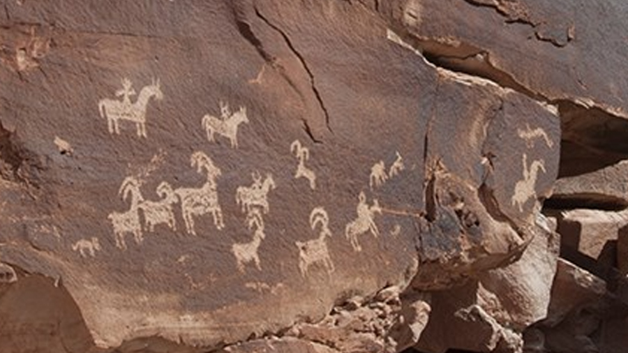 The panel near Wolfe Ranch shows figures on horseback, which tells us these petroglyphs were create...