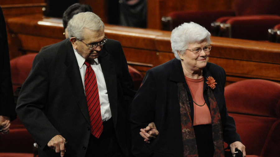 President Boyd K. Packer leaves the October 2010 general conference with his wife, Donna. (Used by ...