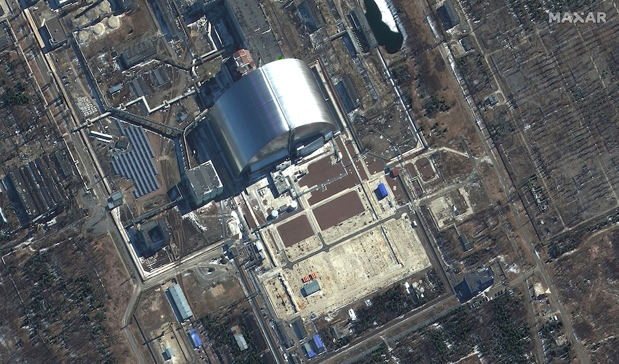 A satellite image of the power plant on March 10. Russian forces have looted and destroyed a labora...