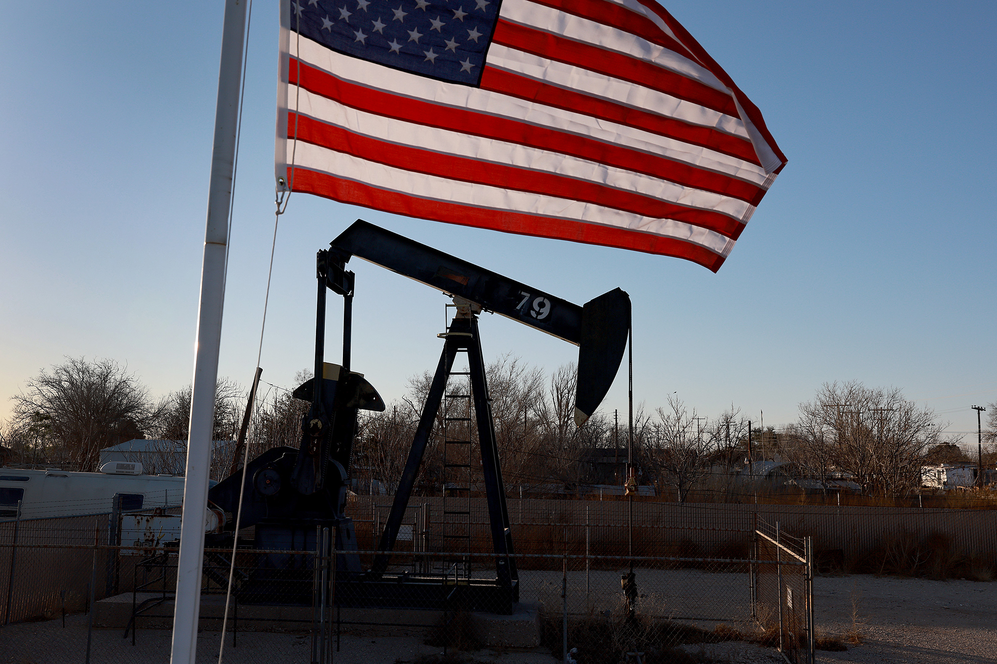 ODESSA, TEXAS - MARCH 13: An oil pumpjack setup in a residential neighborhood pulls oil from the Pe...