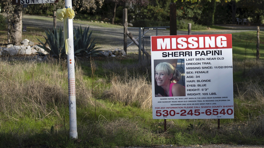 FILE - In this Nov. 10, 2016, file photo, a "missing" sign for Mountain Gate, Calif., resident Sher...