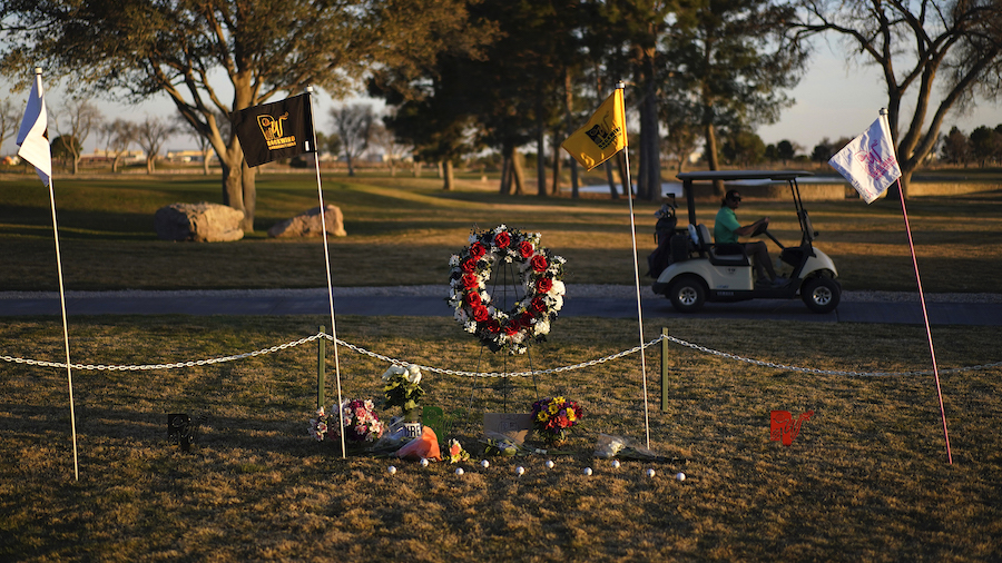 A makeshift memorial for the crash was set up at the Rockwind Community Links in Hobbs, New Mexico,...