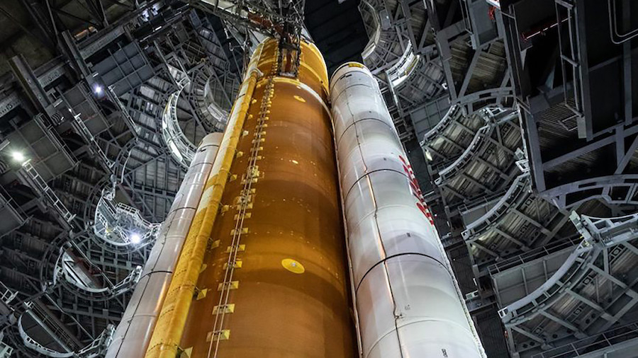 In this view looking up in High Bay 3 of the Vehicle Assembly Building at NASA’s Kennedy Space Ce...