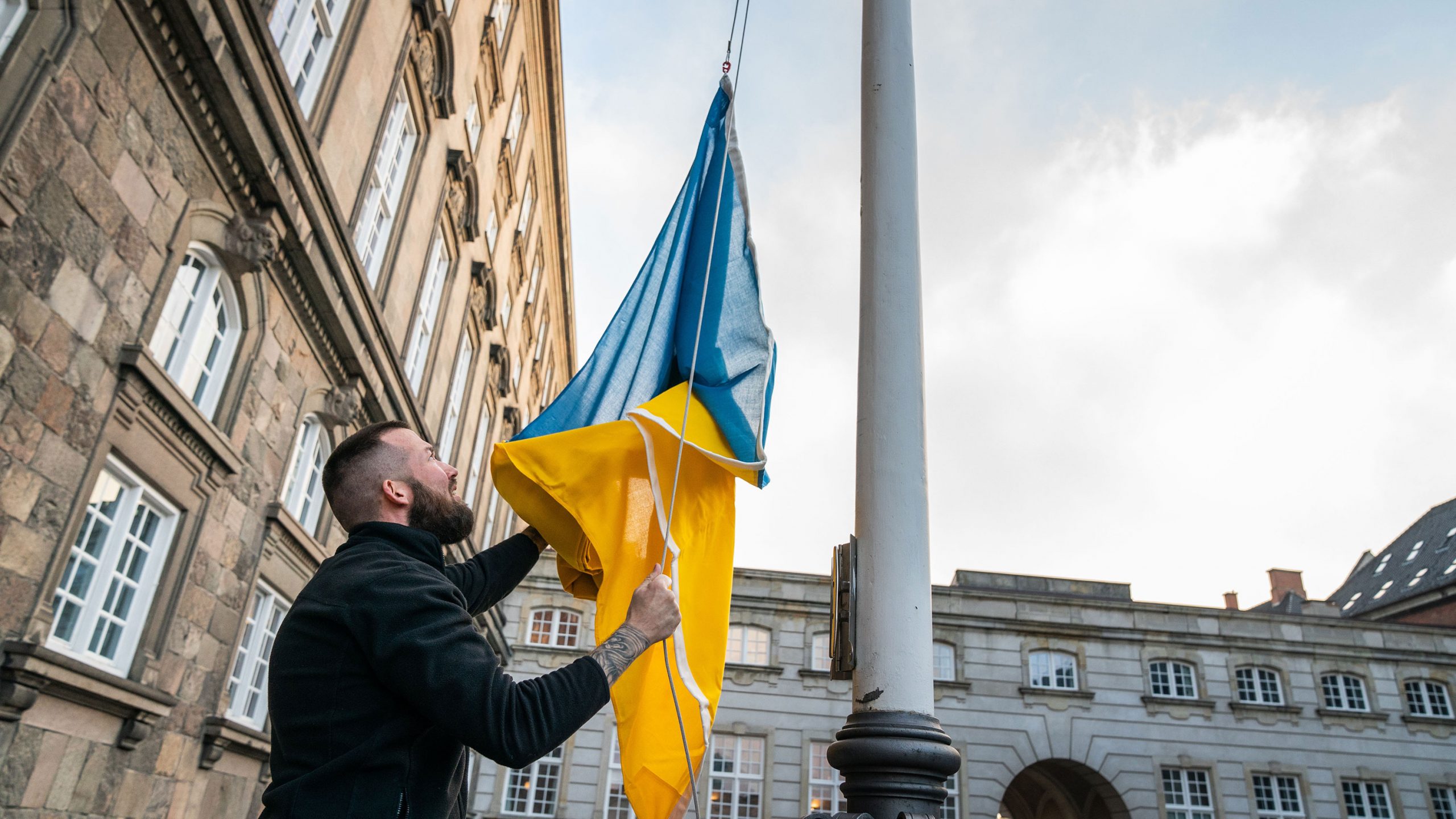 The Ukrainian flag is hoist in front of the Danish Parliament Folketinget in Copenhagen, Denmark, 0...