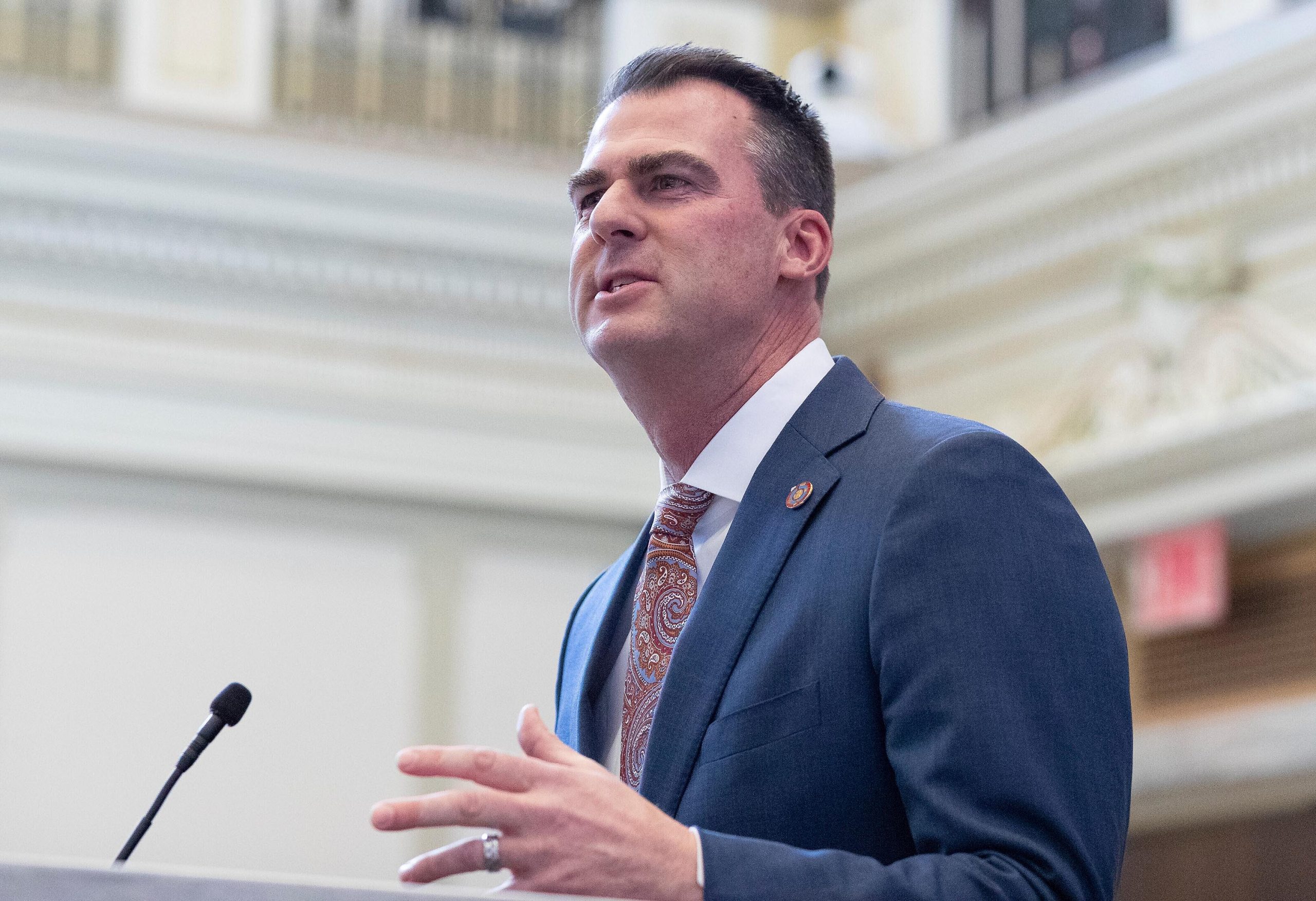 FILE - Oklahoma Gov. Kevin Stitt delivers his State of the State address in Oklahoma City on Monday...