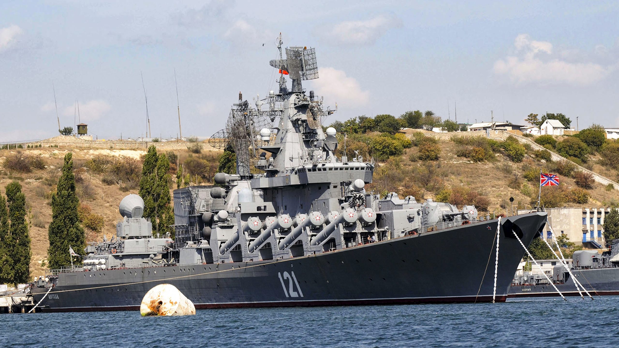 FILE - The Russian missile cruiser Moskva, the flagship of Russia's Black Sea Fleet is seen anchore...