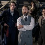 (L-R) JESSICA WILLIAMS as Eulalie “Lally” Hicks, CALLUM TURNER as Theseus Scamander, JUDE LAW as Albus Dumbledore, FIONNA GLASCOTT as Minerva McGonagall, DAN FOGLER as Jacob Kowalski and EDDIE REDMAYNE as Newt Scamander in "FANTASTIC BEASTS: THE SECRETS OF DUMBLEDORE,” a Warner Bros. Pictures release.