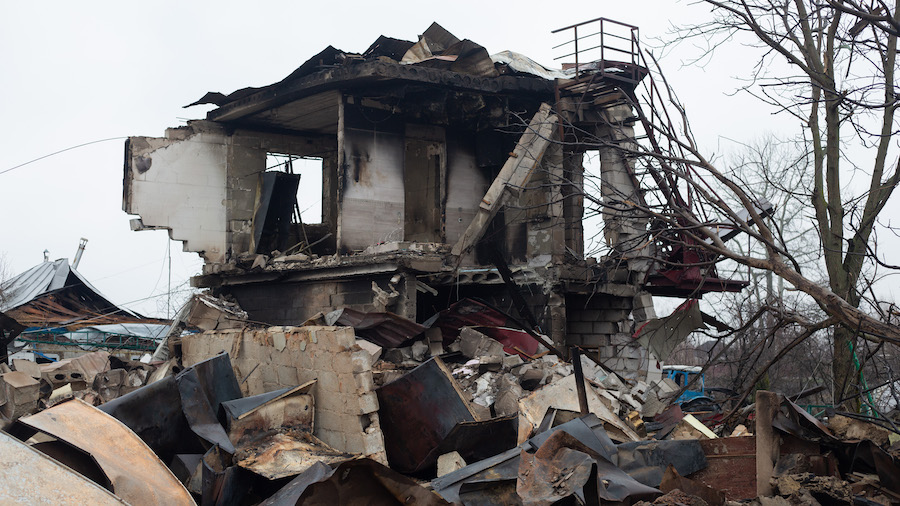 A view of a destroyed house on April 1, 2022, in Svitylnia, Ukraine. After 5 weeks of war, Russian ...