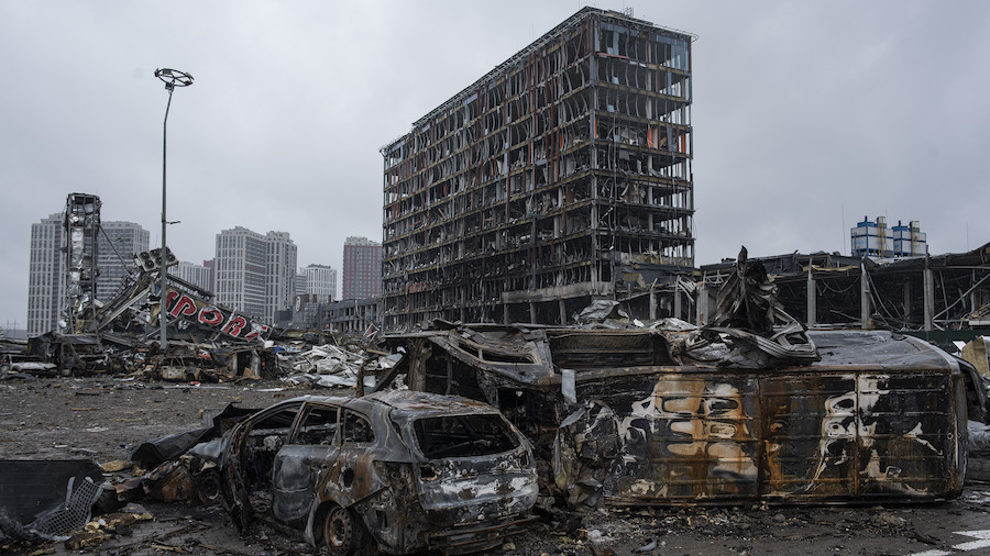 Burnt cars are seen in the parking lot of the Retroville trade center on April 3, 2022 in Kyiv, Ukr...