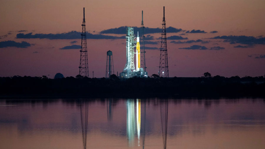 In this handout photo provided by NASA, NASA's Space Launch System (SLS) rocket with the Orion spac...