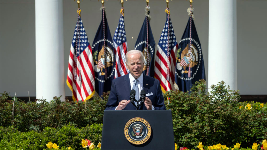 FILE: President Joe Biden speaks in the Rose Garden of the White House on April 11, 2022. (Photo by...