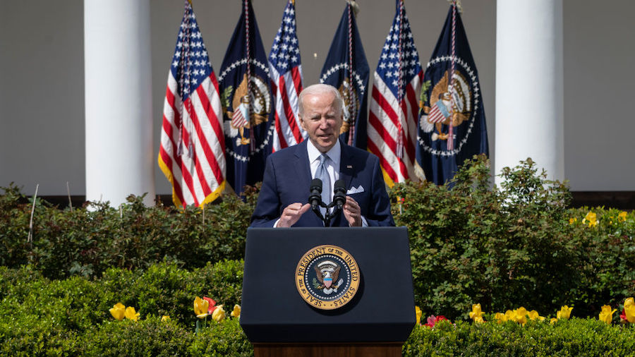U.S. President Joe Biden speaks during an event about gun violence in the Rose Garden of the White ...