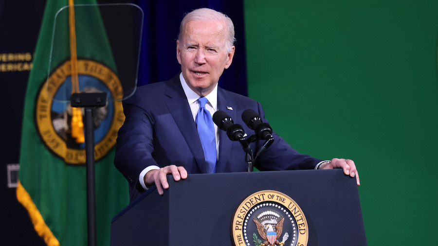 President Joe Biden speaks about the high cost of  prescription drugs at Green River College on Apr...