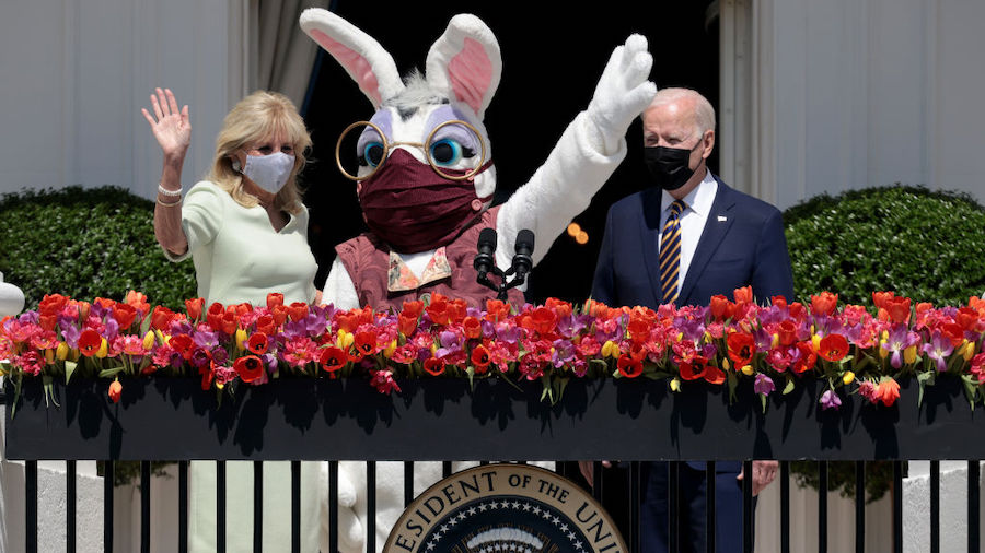 U.S. President Joe Biden and first lady Jill Biden appear with the Easter Bunny at the White House ...