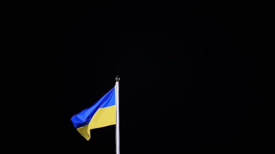 The flag of Ukraine is seen during the Premier League match between Norwich City and Chelsea at Car...