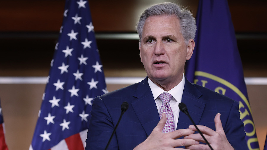 House Minority Leader Kevin McCarthy (R-CA) talks to reporters during his weekly news conference in...