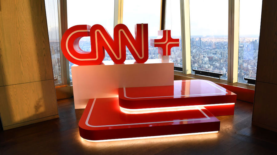 A view of signage on display during the CNN+ Launch Event at PEAK NYC Hudson Yards on March 28, 202...