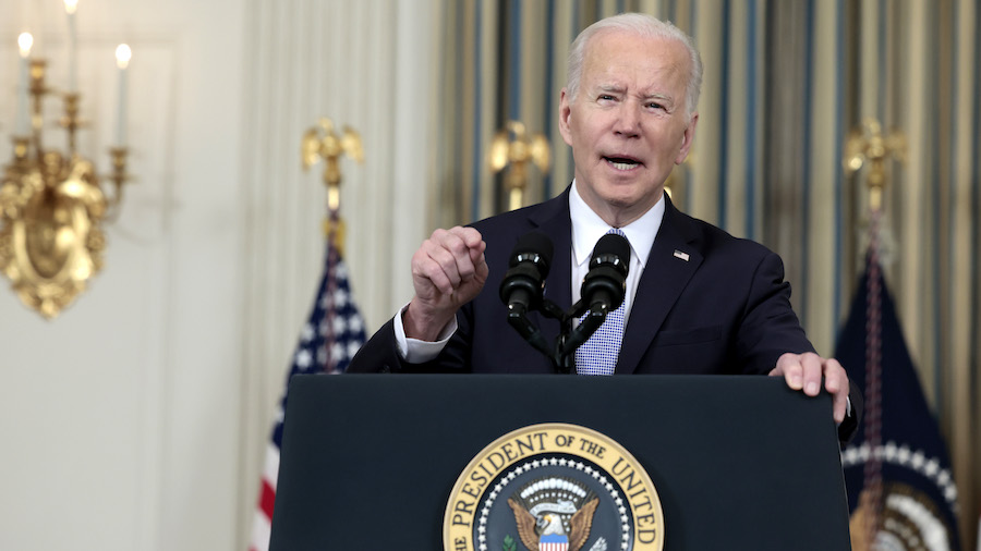 President Joe Biden gestures as he delivers remarks on the jobs report for the month of March from ...