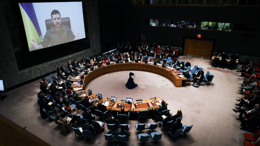 Ukrainian President Volodymyr Zelensky addresses the United Nations (UN) Security Council via video...