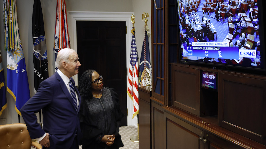 President Joe Biden and Judge Ketanji Brown Jackson watch together as the U.S. Senate votes to conf...