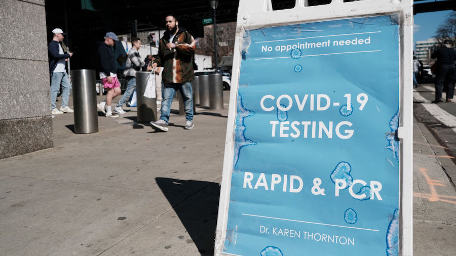 A COVID vaccine and testing site is set up outside of Yankee Stadium on the Opening Day of the seas...