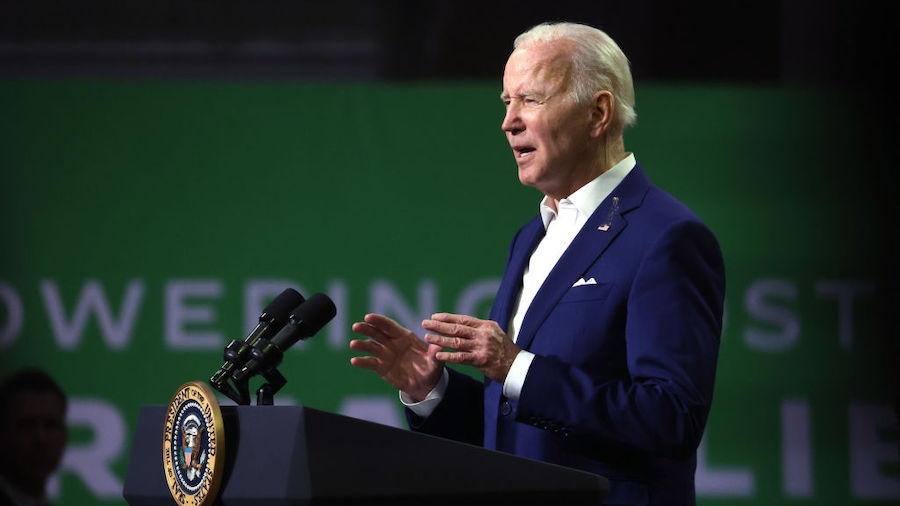 U.S. President Joe Biden speaks to guests during a visit to POET Bioprocessing on April 12, 2022 in...