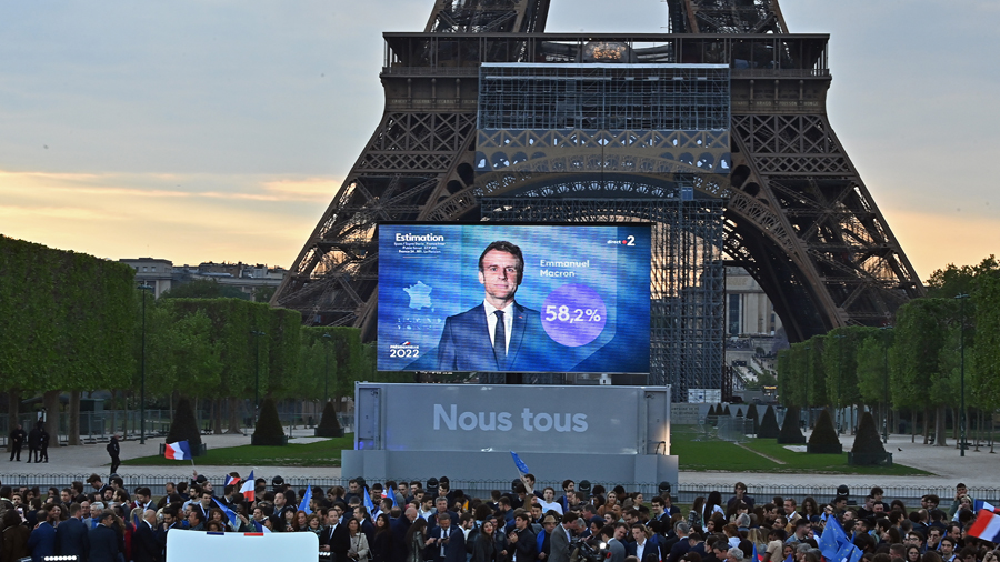 PARIS, FRANCE - APRIL 24: France's centrist incumbent president Emmanuel Macron beats his far-right...