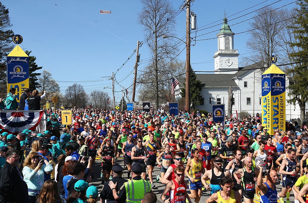 FILE: HOPKINTON, MA - APRIL 18:  A general view as Wave One runners start the 120th Boston Marathon...