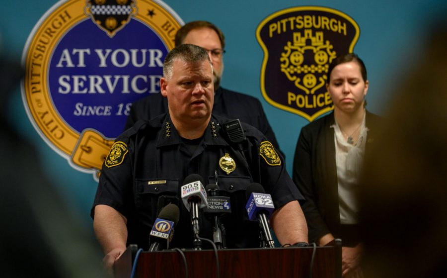 PITTSBURGH, PA - APRIL 17: Pittsburgh Police Chief Scott Schubert describes the mayhem outside an A...
