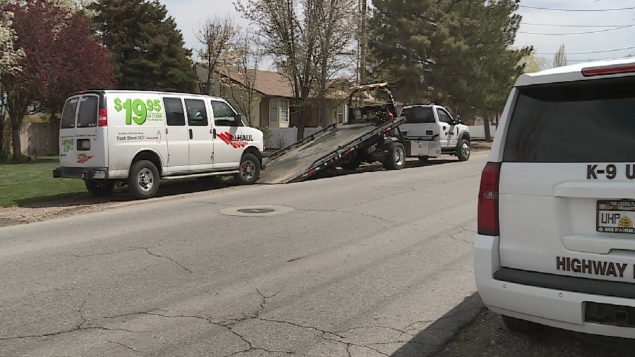 The suspect Uhal being towed by police. (Credit: KSL TV Photojournalist, Meghan Thackery...