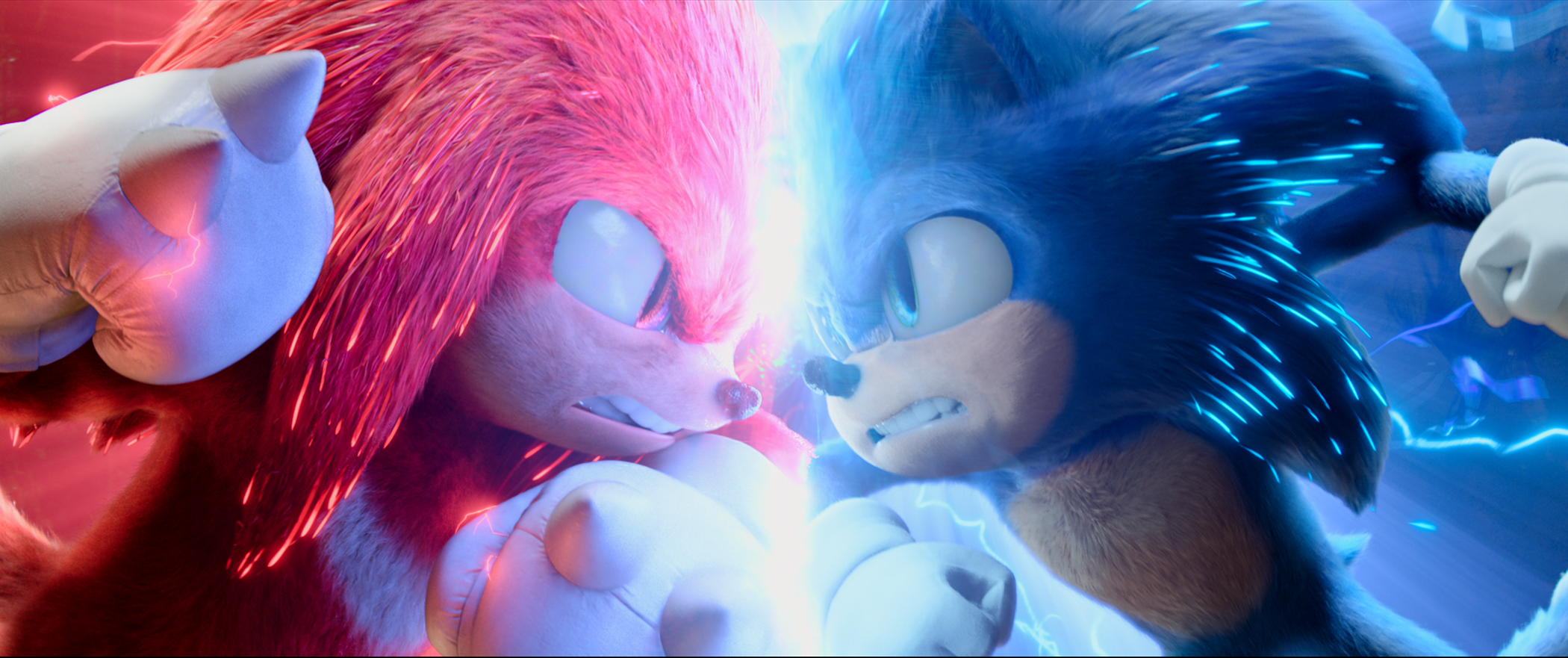 Knuckles (Idris Elba) and Sonic (Ben Schwartz) in Sonic The Hedgehog 2....