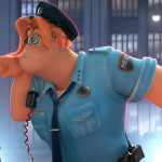 (from left) Wolf (Sam Rockwell) and Police Chief Misty Luggins (Alex Borstein) in DreamWorks Animation’s The Bad Guys, directed by Pierre Perifel.
