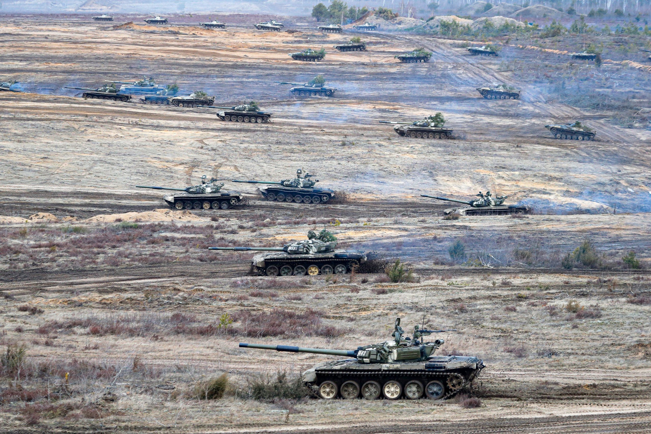 Tanks move during the Union Courage-2022 Russia-Belarus military drills at the Obuz-Lesnovsky train...