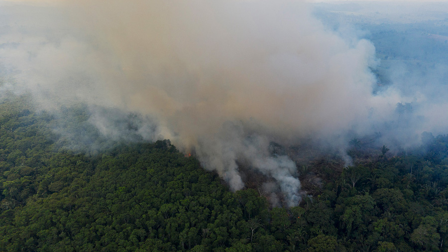 Smoke rises from a fire in the Amazon rainforest in Ruropolis, Brazil on November 29, 2019. (Leo Co...