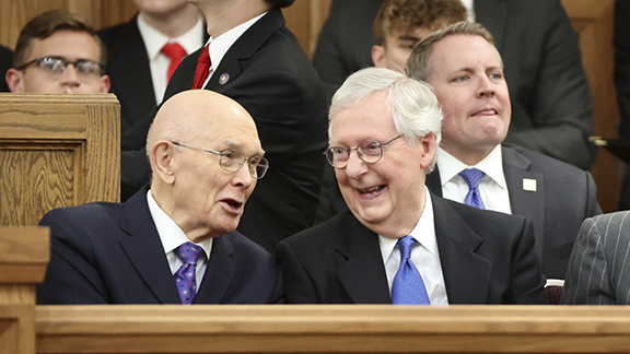 President Dallin H. Oaks, left, first counselor in the First Presidency of The Church of Jesus Chri...