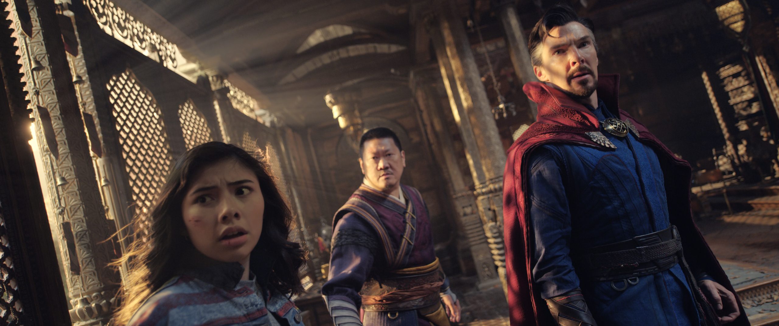 (L-R): Xochitl Gomez as America Chavez, Benedict Wong as Wong, and Benedict Cumberbatch as Dr. Step...